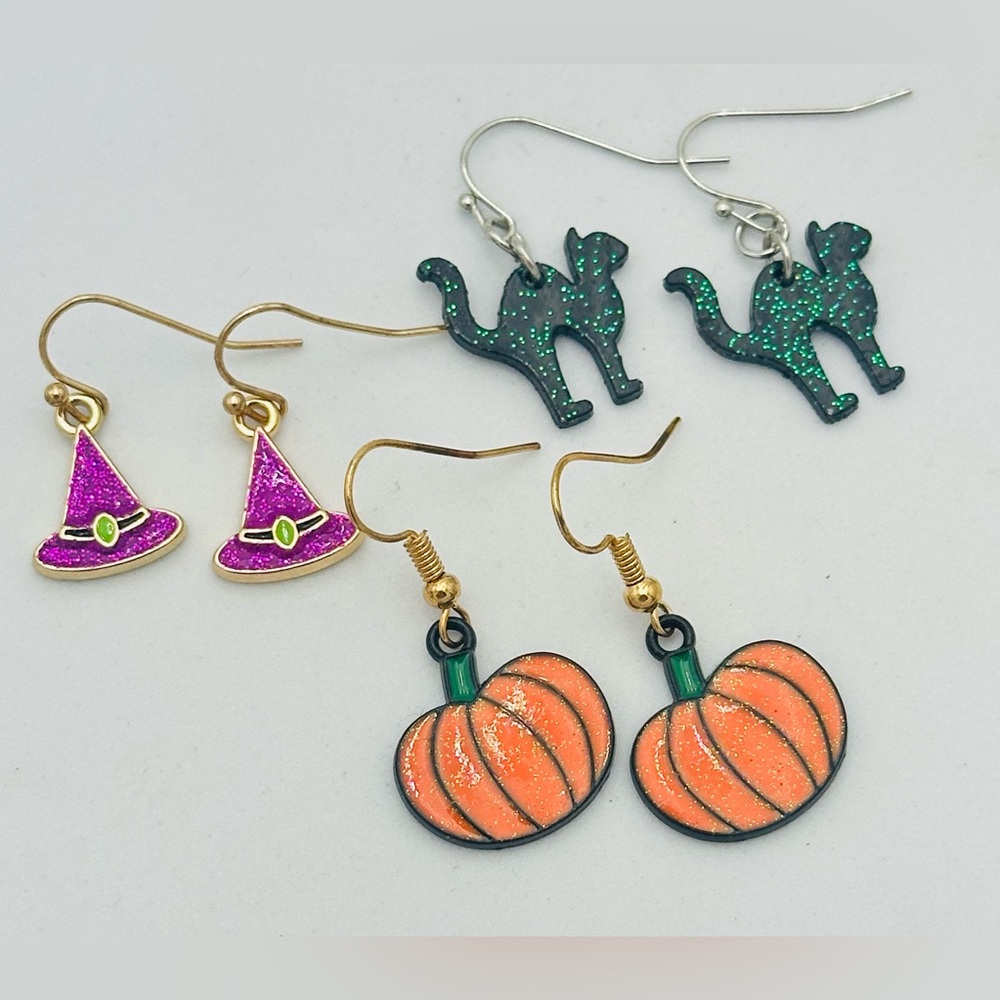 Lot Halloween Earrings Witch Hat Black Cat Pumpkin Enamel Metal Hook